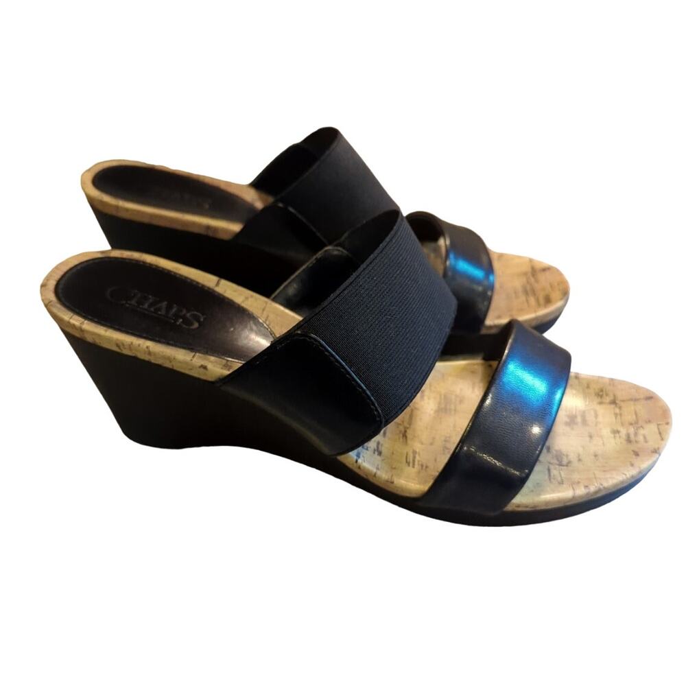 Chaps Black 3" Wedge Heel Platform Sandals Cork Foot Bed Women's size 9.5